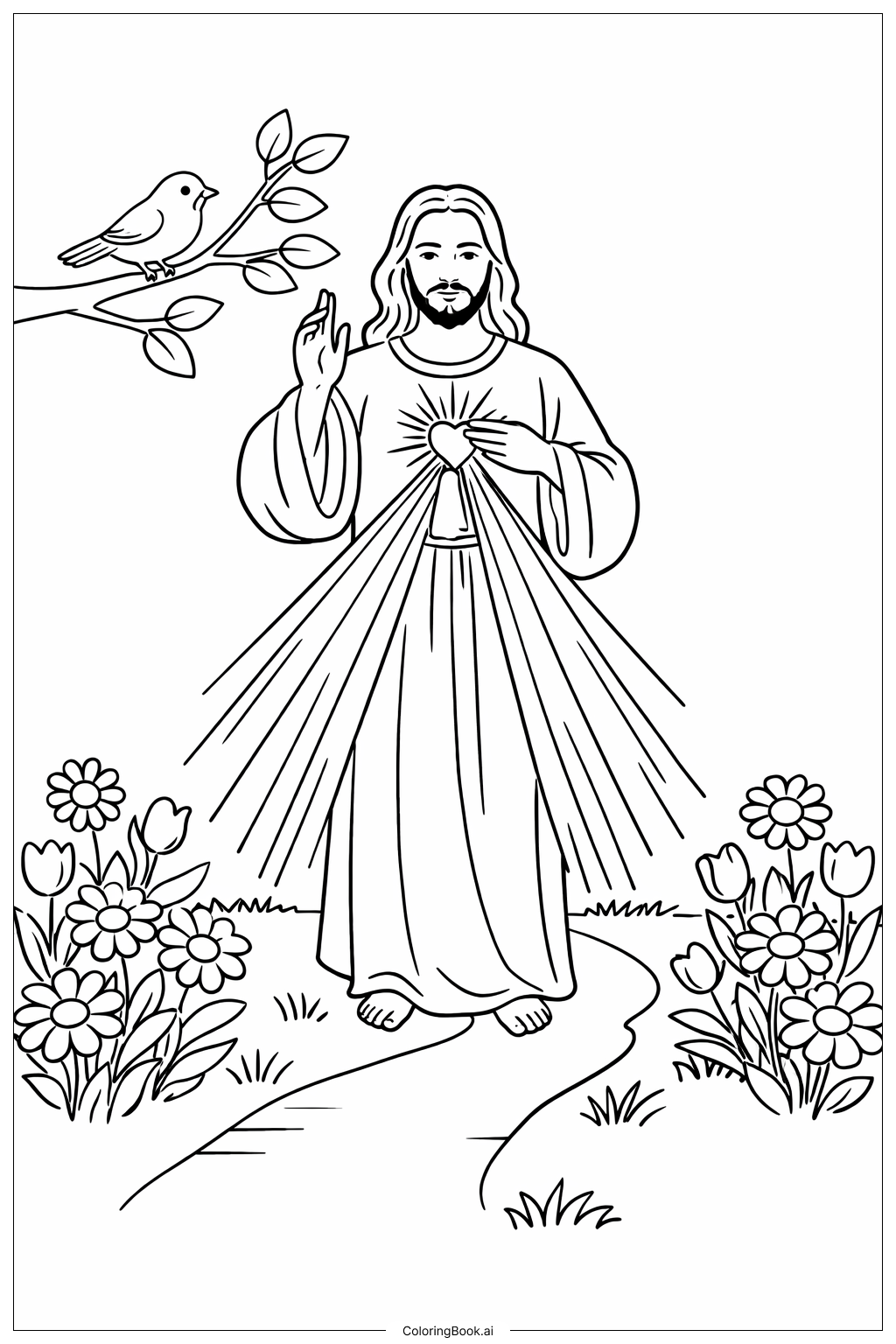  Página para colorear de Escena del Jardín de la Divina Misericordia 