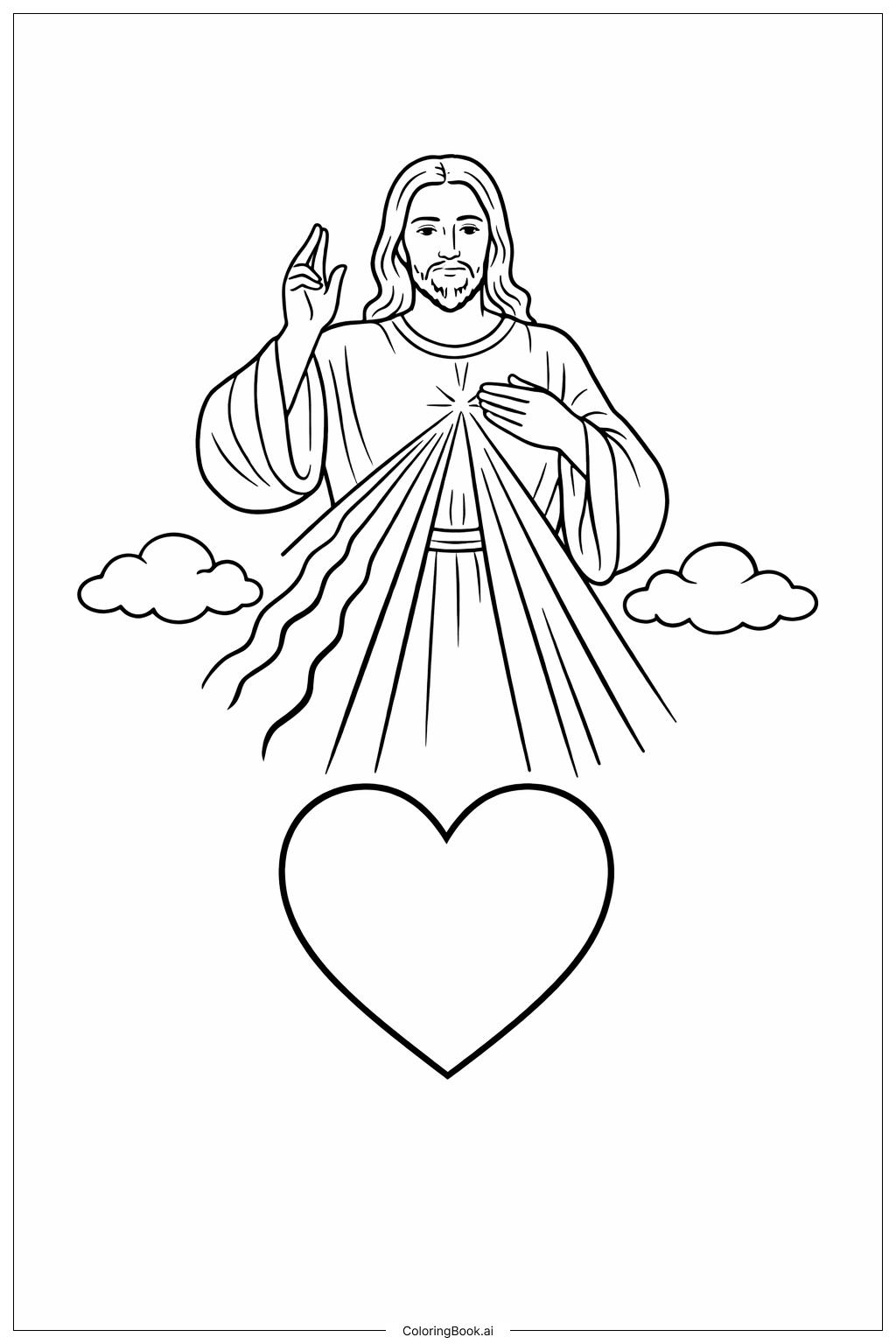  Página para colorear de Corazón de la Divina Misericordia con Rayos 
