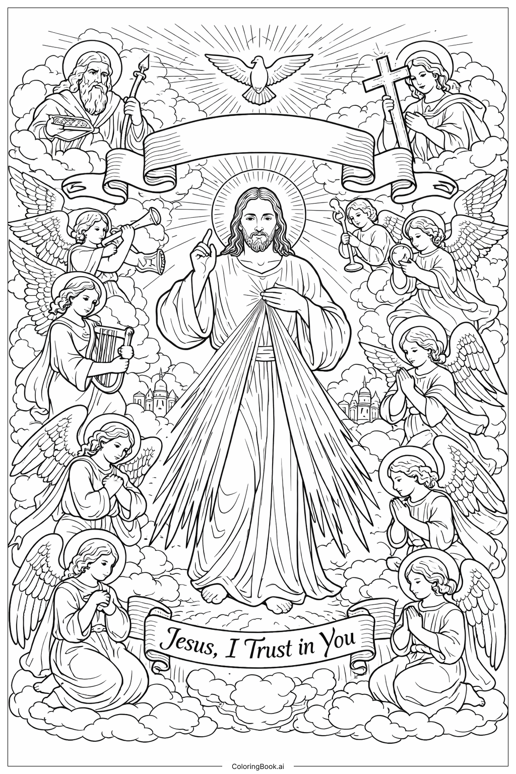  Página para colorear de Corte Celestial de la Divina Misericordia 