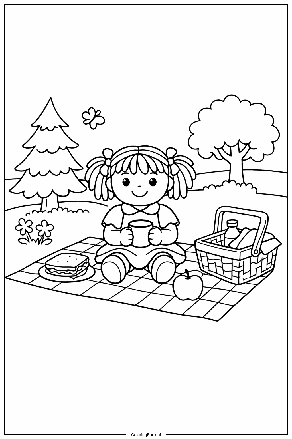 森林野餐的洋娃娃著色頁