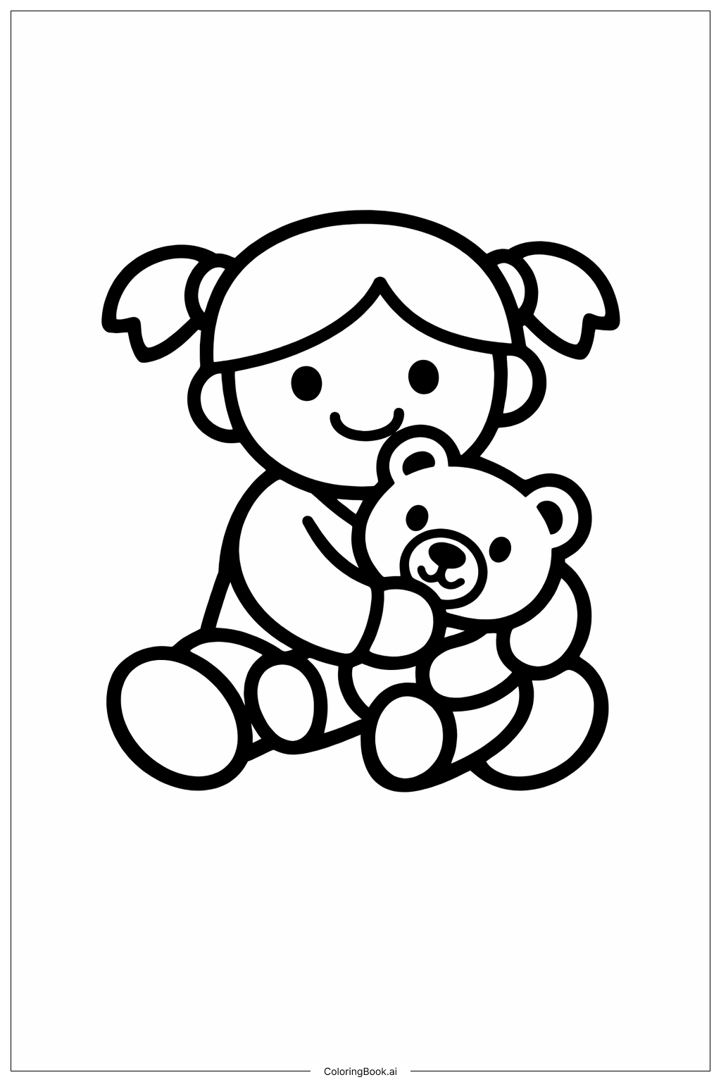 抱着泰迪熊的娃娃填色页