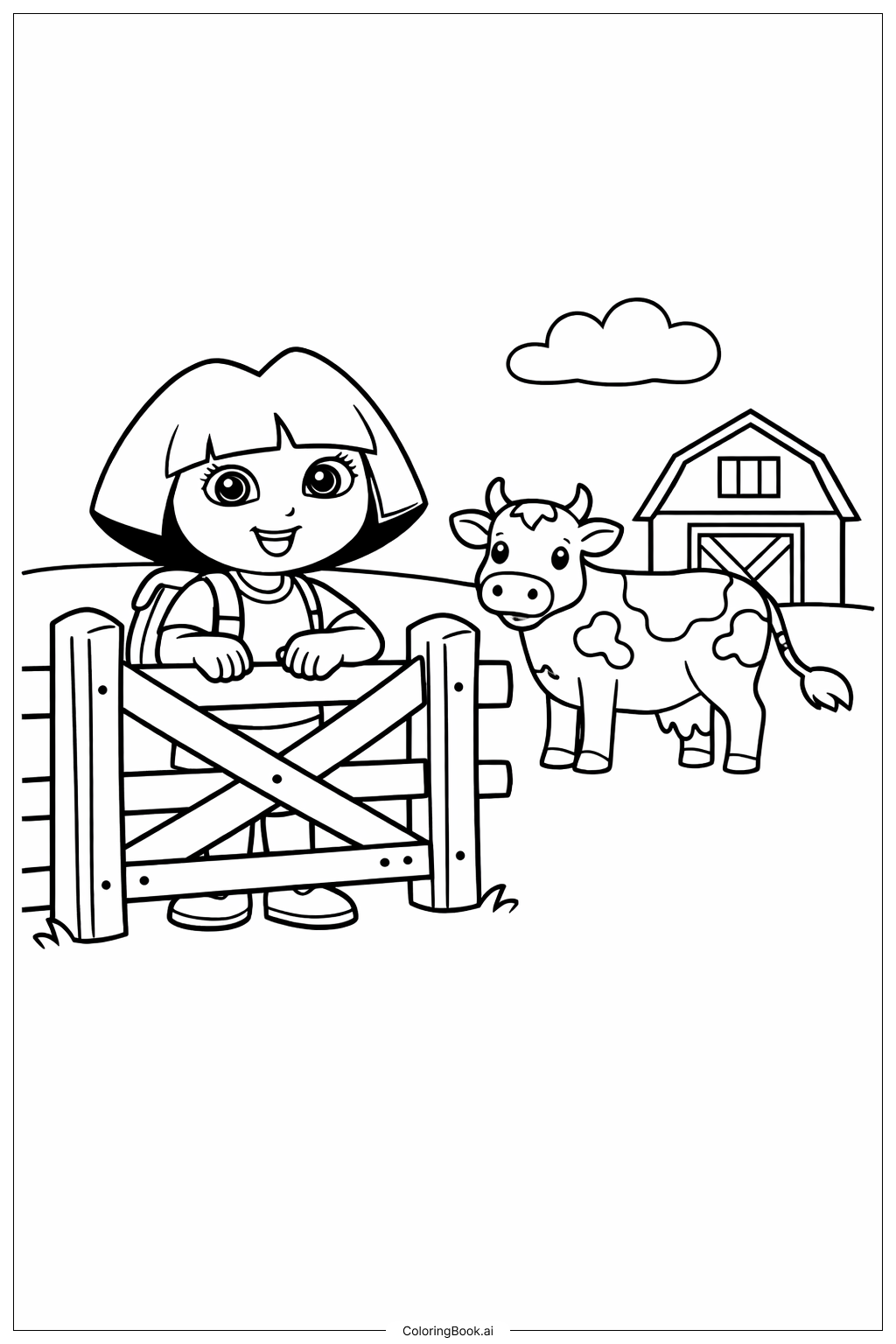  농장 문 앞의 도라 탐험가 색칠공부 페이지 