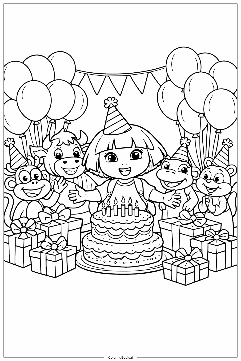 爱探险的朵拉生日派对庆祝填色页