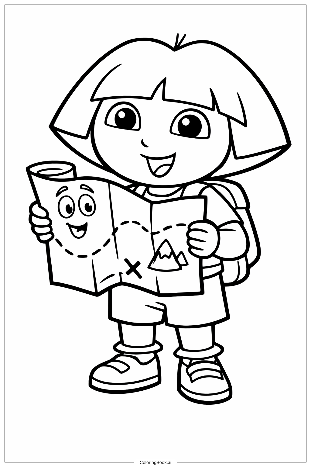 Dora die Entdeckerin hält eine Karte Ausmalseite