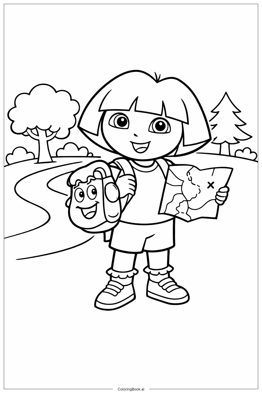  배낭과 지도를 가진 도라 탐험가 색칠공부 페이지 