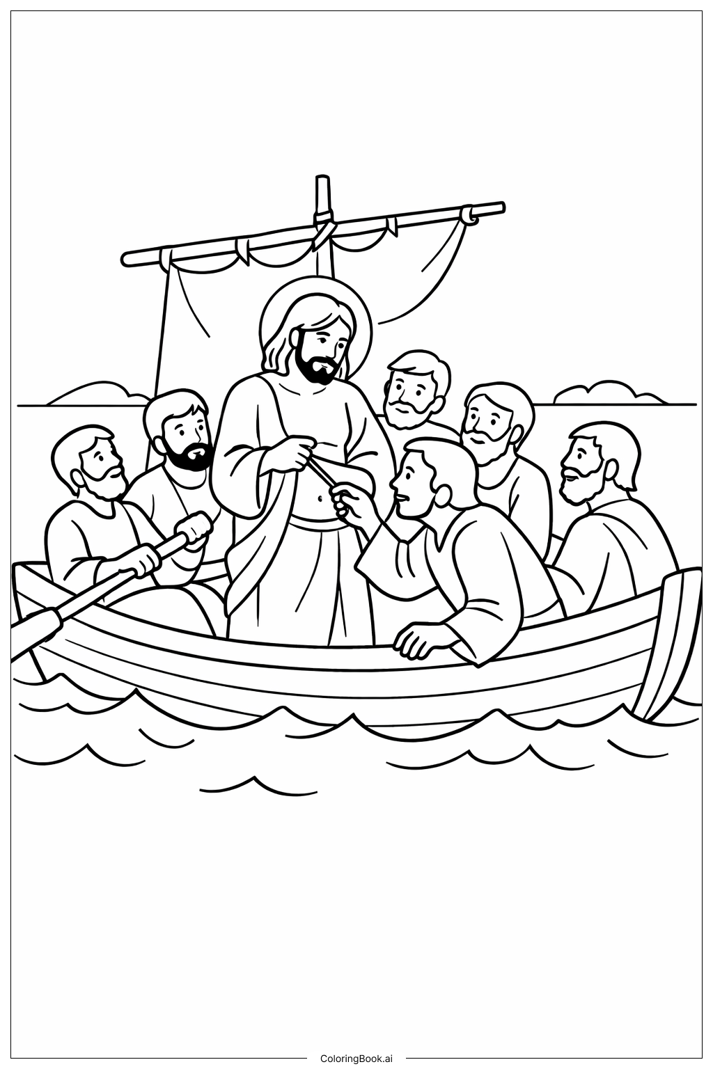 懷疑的多馬與船上朋友著色頁