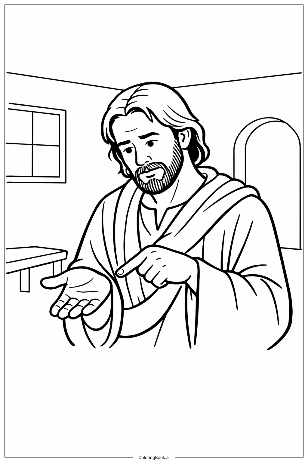 懷疑的多馬指著空手著色頁