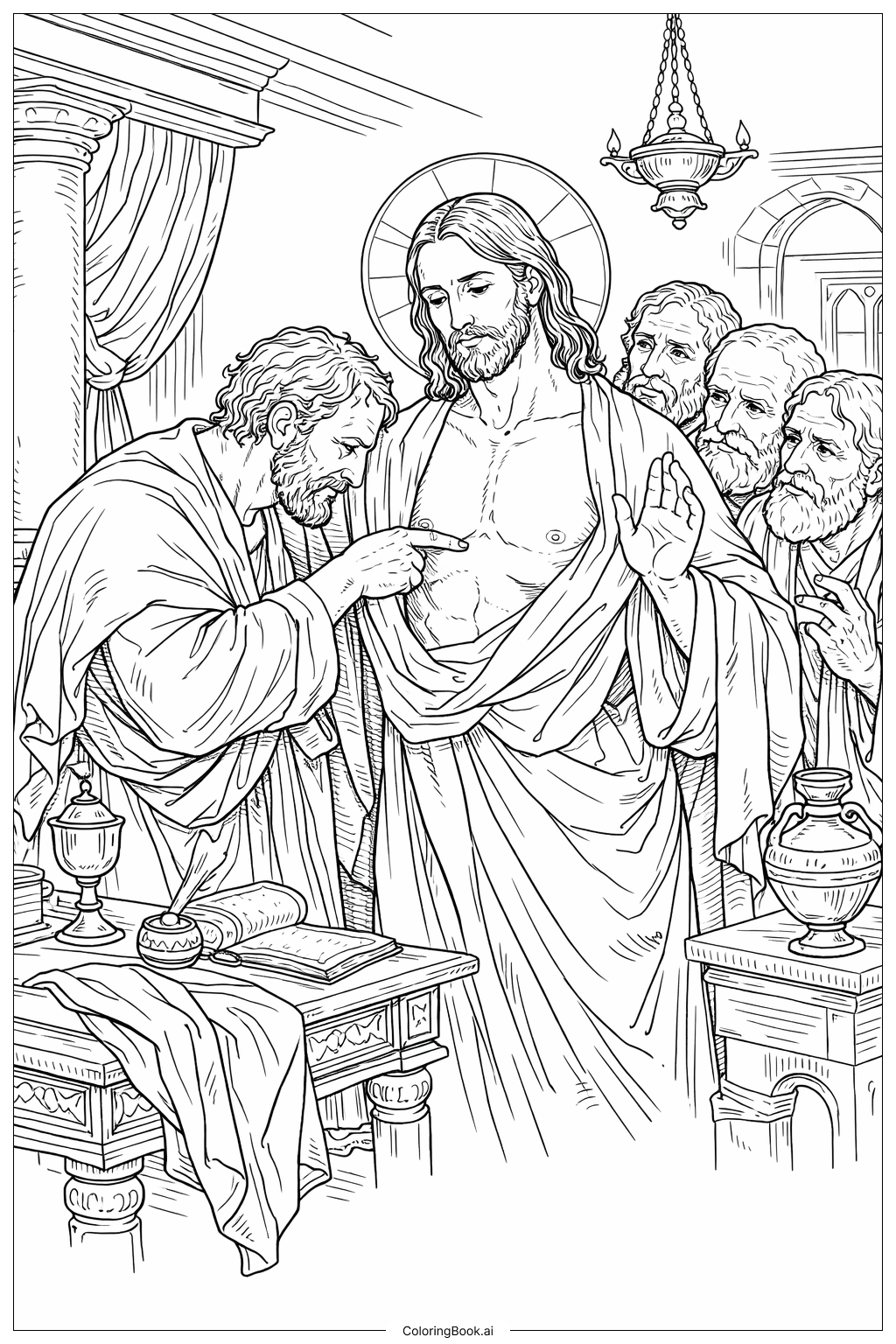 懷疑的多馬指著傷口的場景著色頁