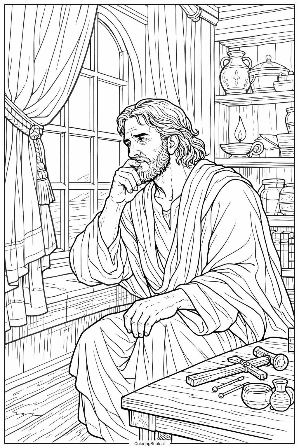 懷疑的多馬在窗邊沉思著色頁