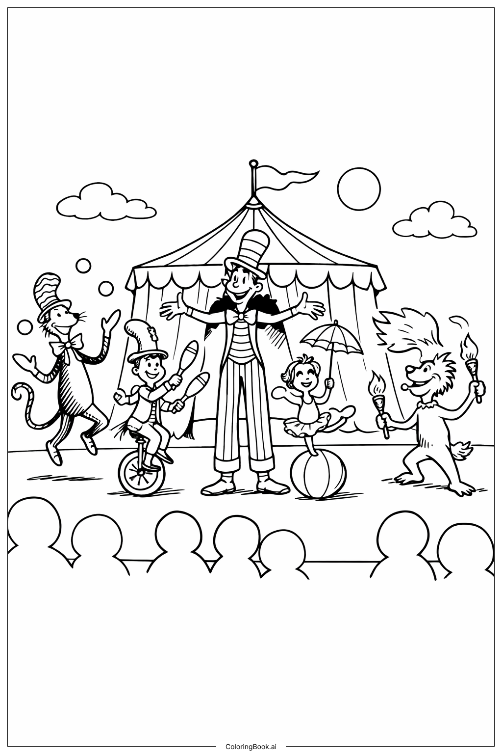  蘇斯博士馬戲團帳篷場景著色頁 