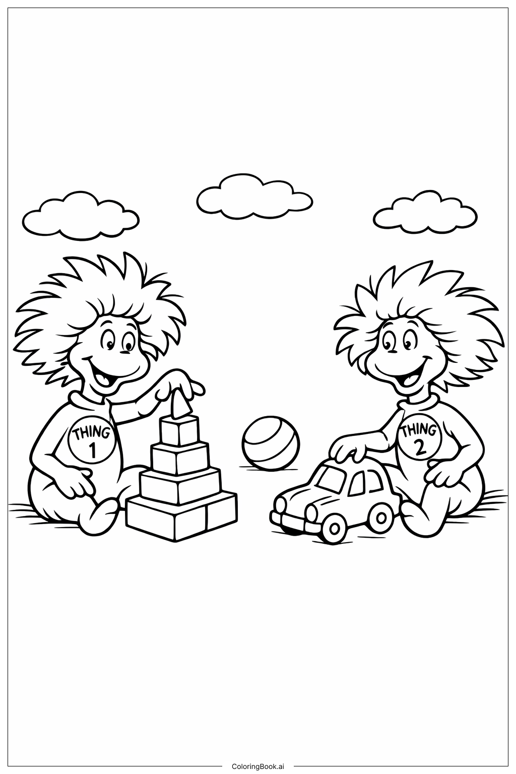  Dr Seuss 事物一號與事物二號玩耍著色頁 