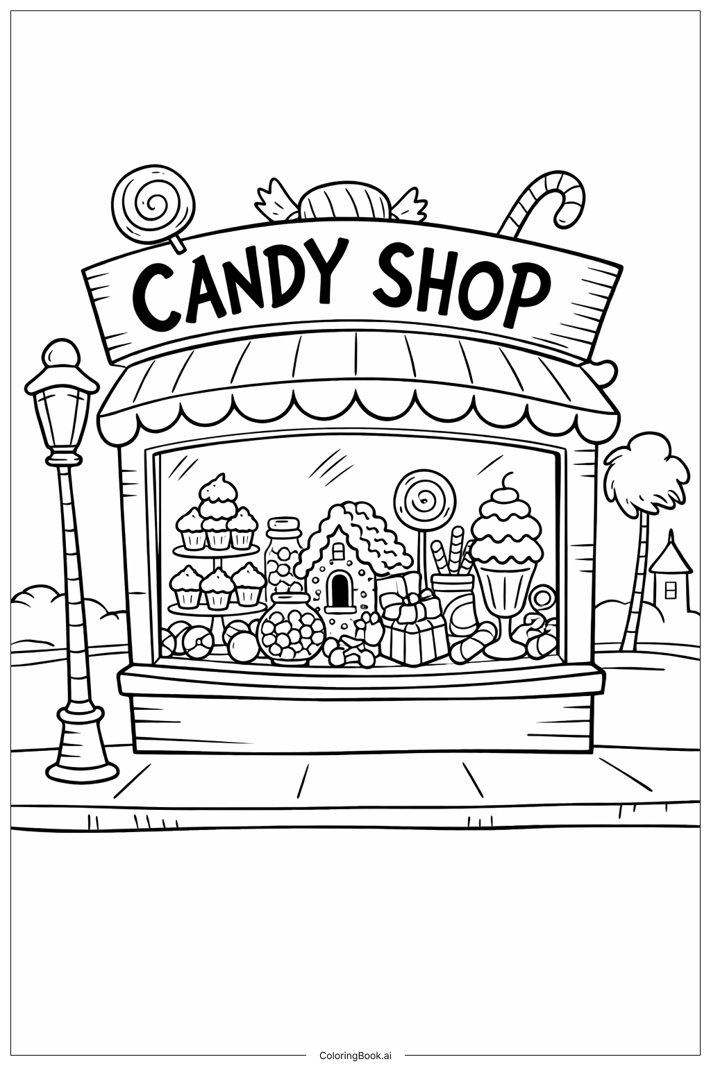  Página para colorear de Escena de la Fachada de la Tienda de Dulces de Dr Suess 