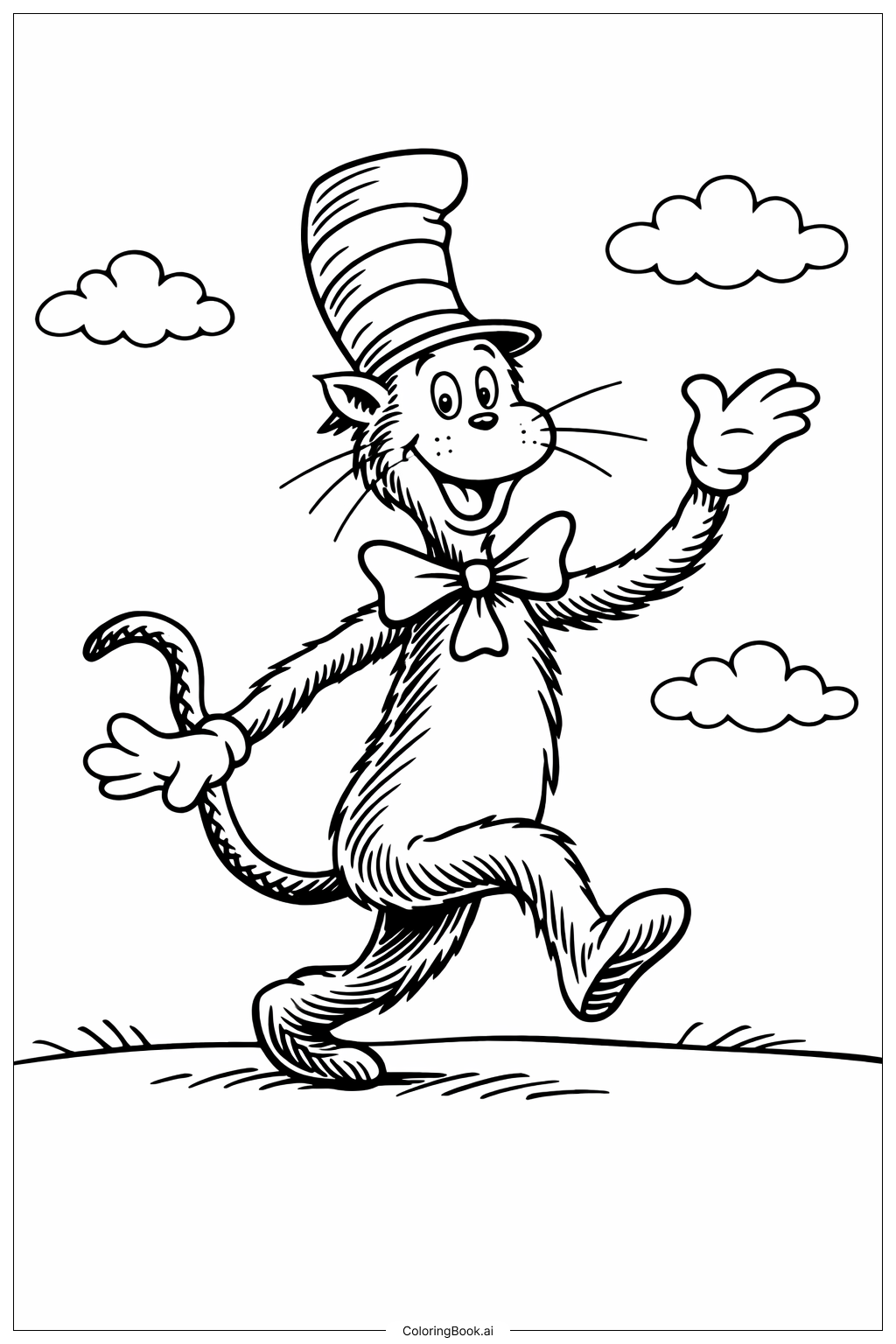 Page de coloriage Le chat de Dr Seuss au chapeau rayé en train de jouer 