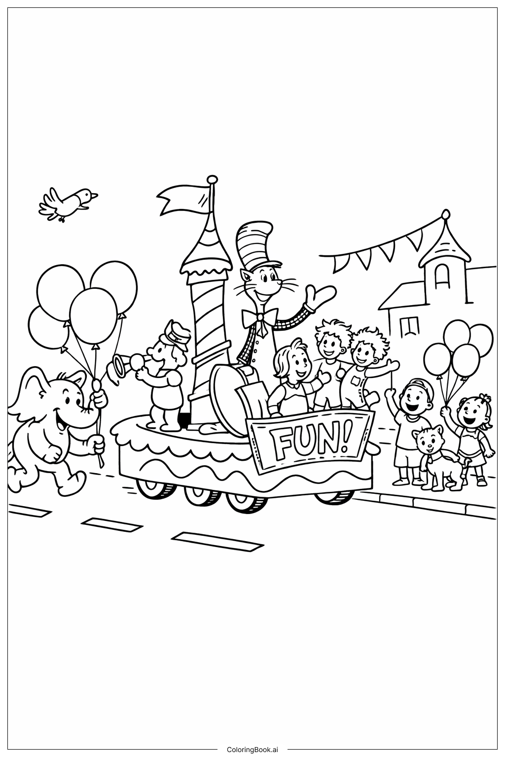 Trang tô màu Cuộc diễu hành Dr Suess với Bong bóng và Xe hoa