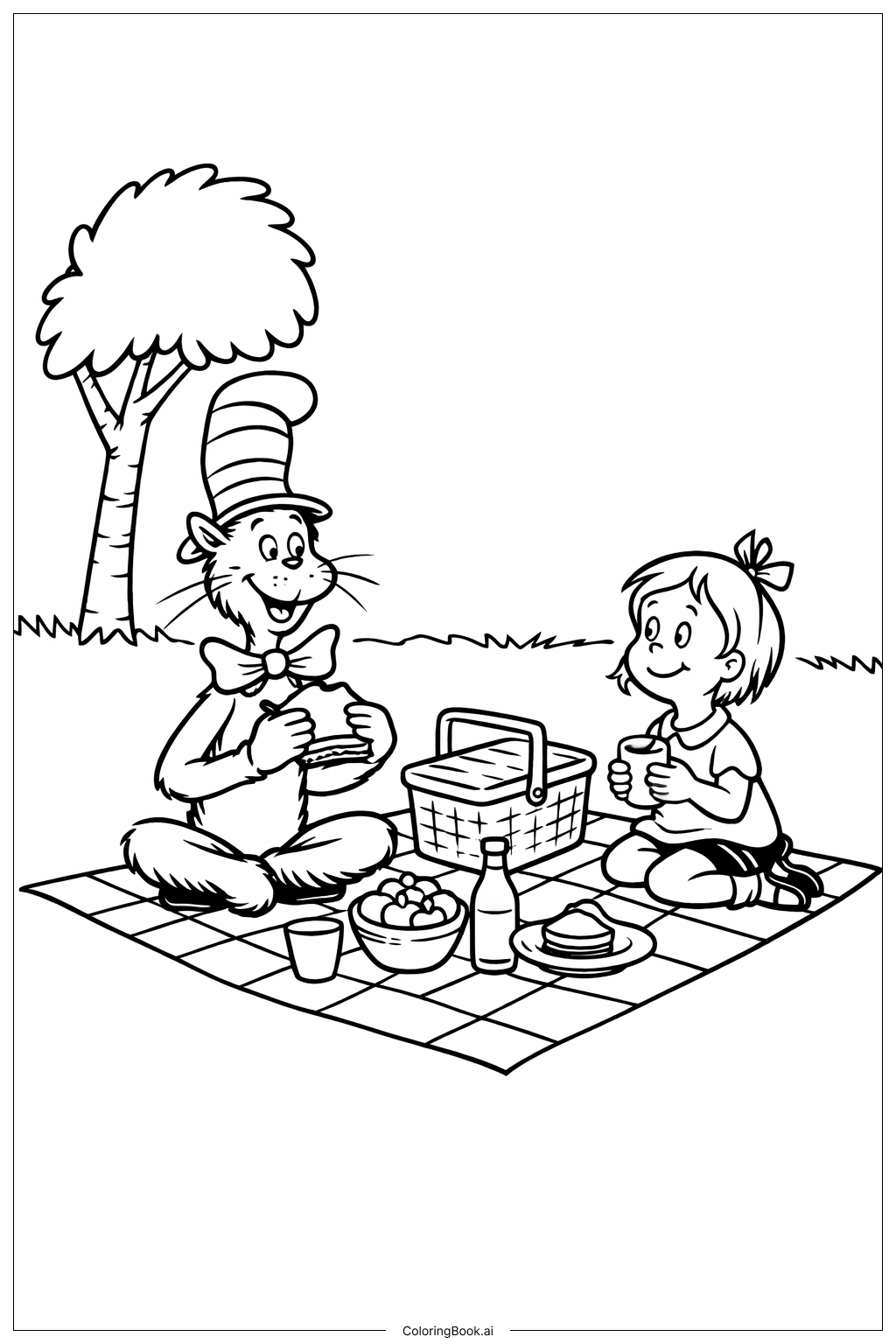  Page de coloriage Scène de pique-nique de Dr Seuss avec des amis 