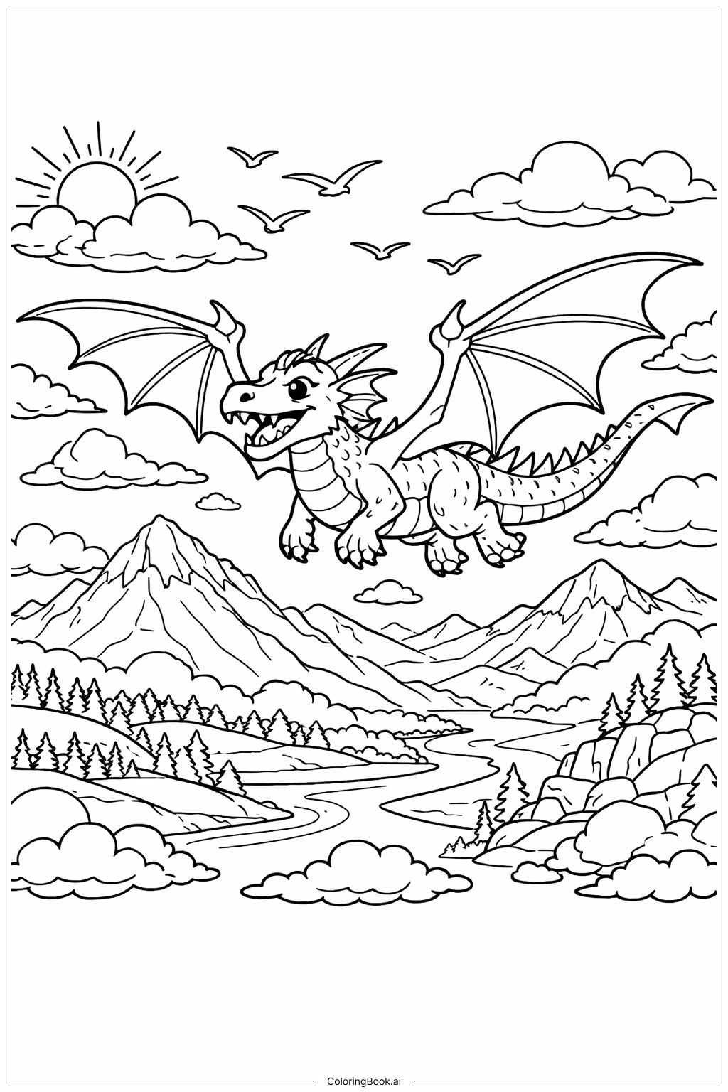 용 비행 낙서 장면 색칠공부 페이지