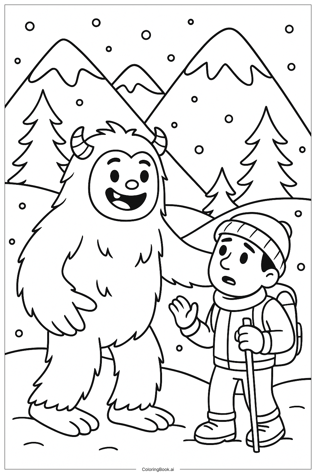  Page de coloriage Yéti guidant un randonneur perdu 