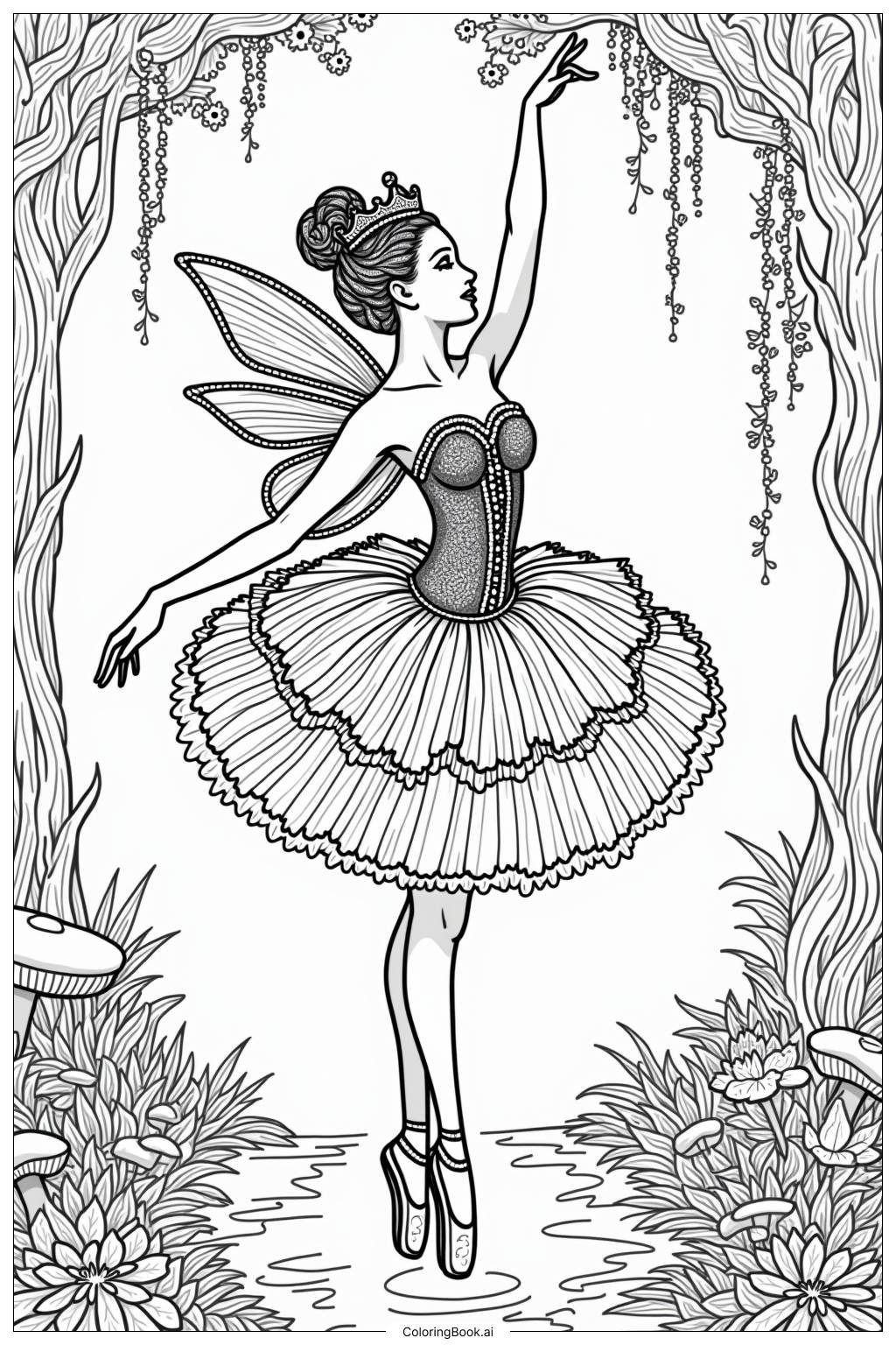  Página para colorear de Bailarina en un Bosque de Cuento de Hadas 