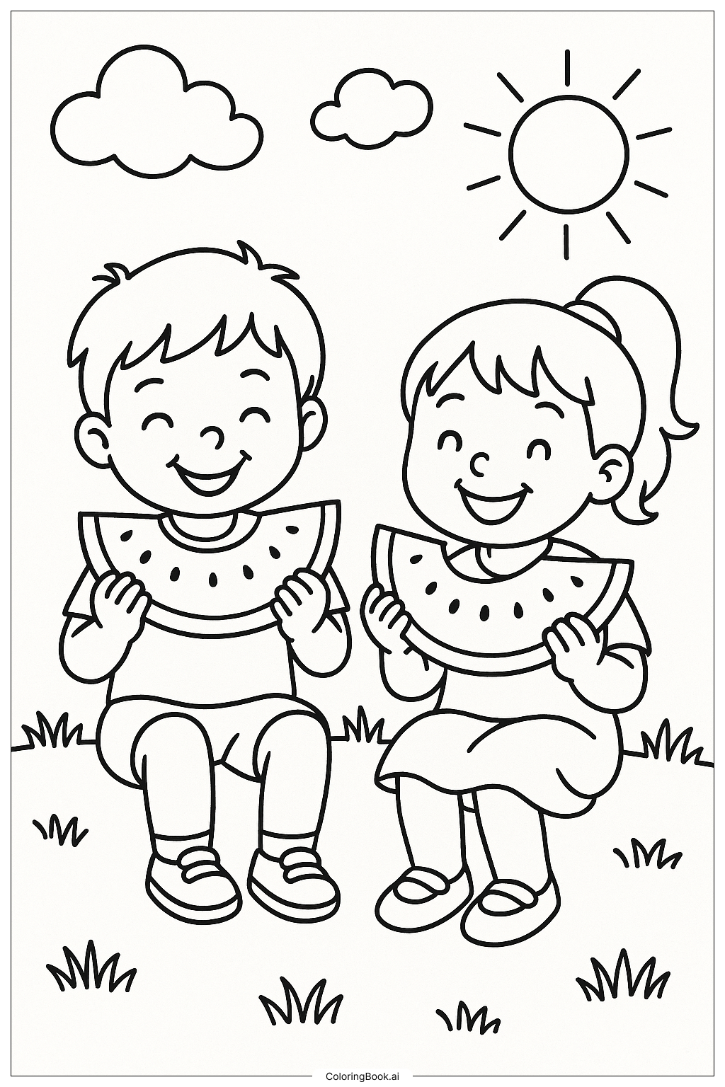 Página para colorear Niños comiendo sandía en verano (Descarga gratuita en  PDF \u0026 PNG), image size:1024x1536