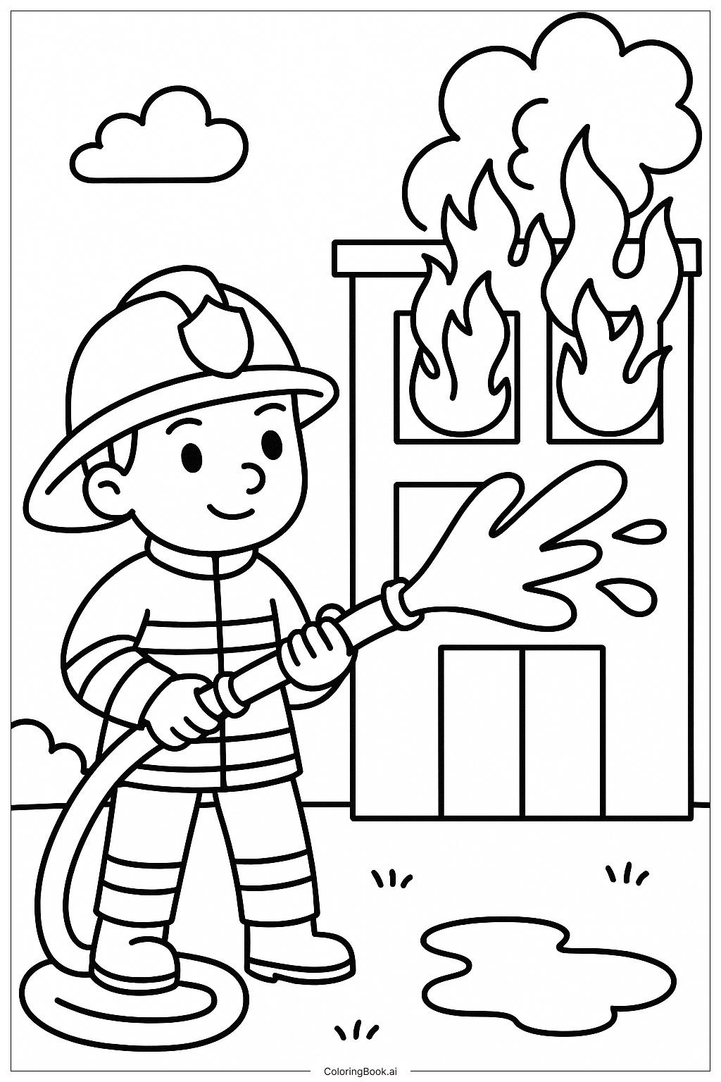  Mutiger Feuerwehrmann mit Schlauch zur Brandsicherheit Ausmalseite 
