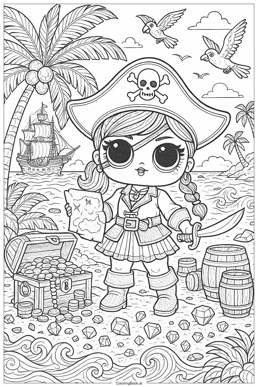 Página para colorir de Boneca Lol Pirata em uma Ilha do Tesouro