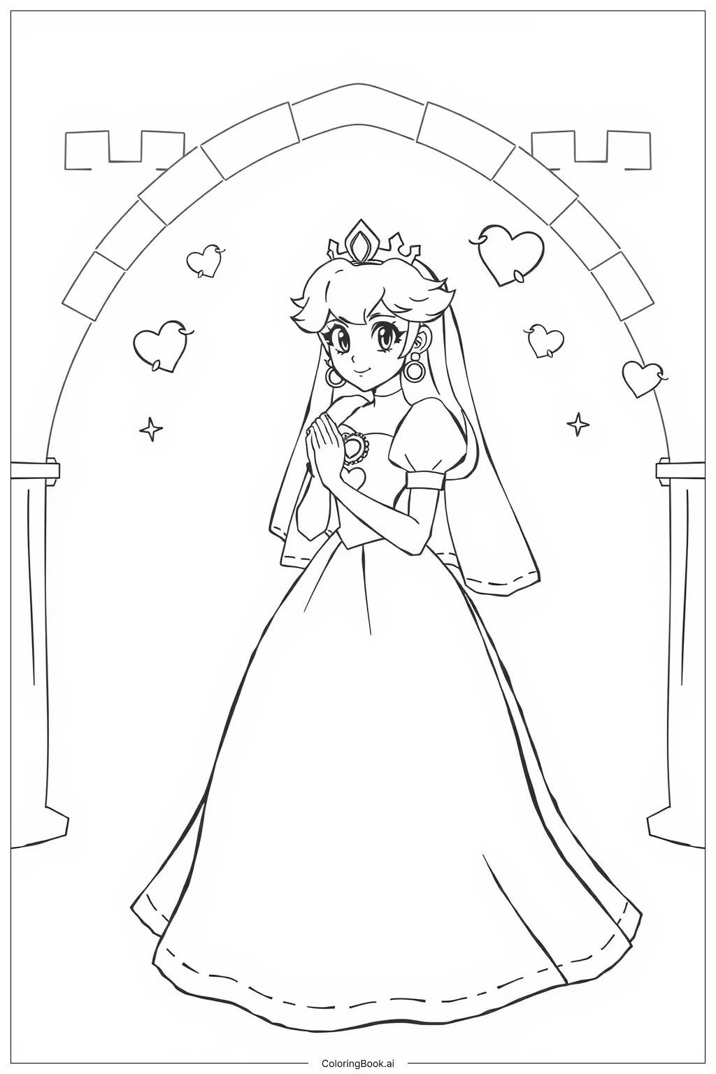  Page de coloriage La princesse Peach portant sa robe de mariée dans un cadre féerique 