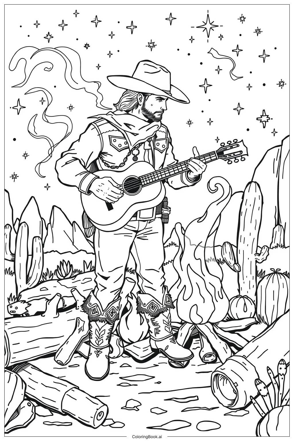  Cowboy with a guitar singing by the campfire Coloring Page 