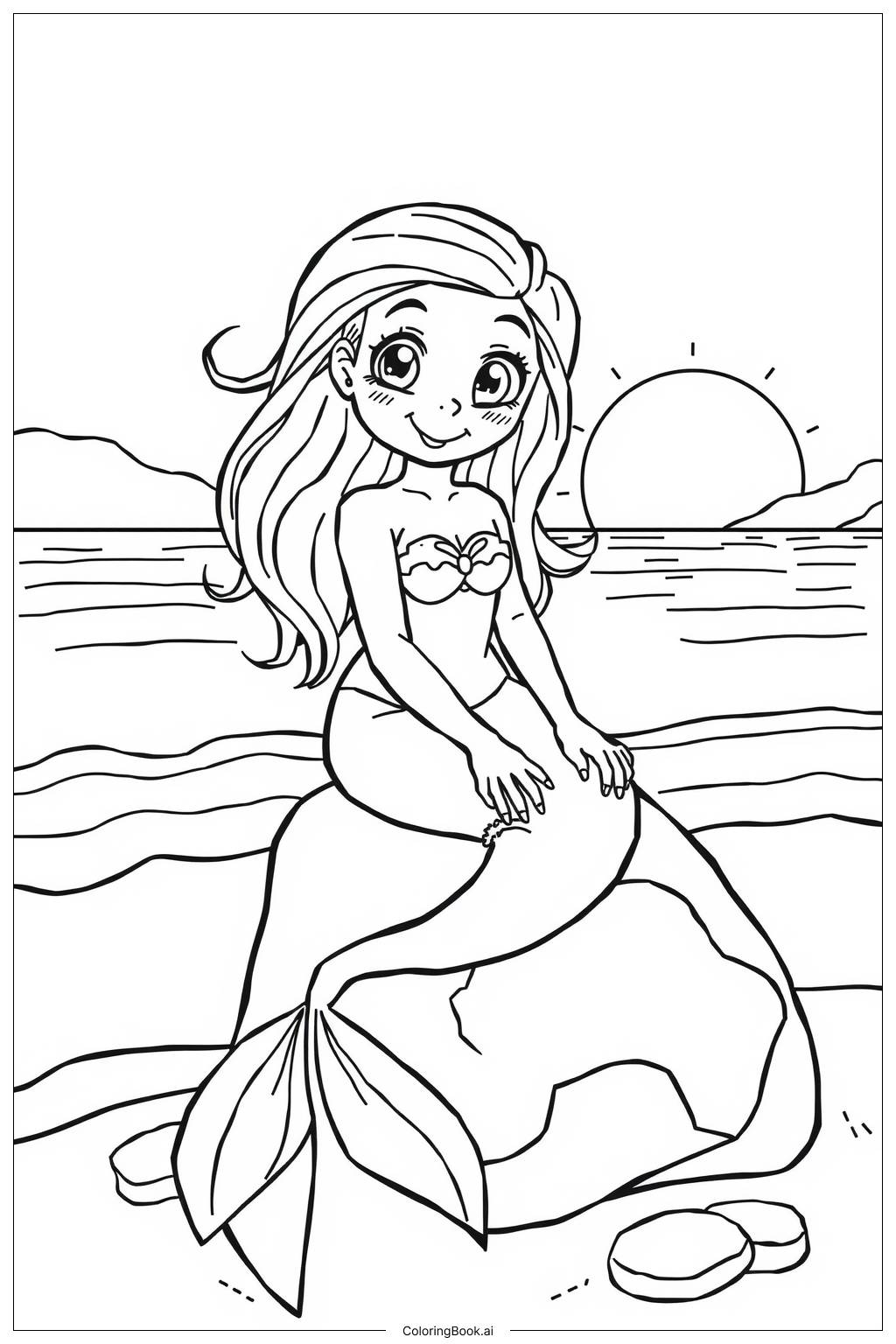  Page de coloriage Siren à la plage au coucher de soleil 