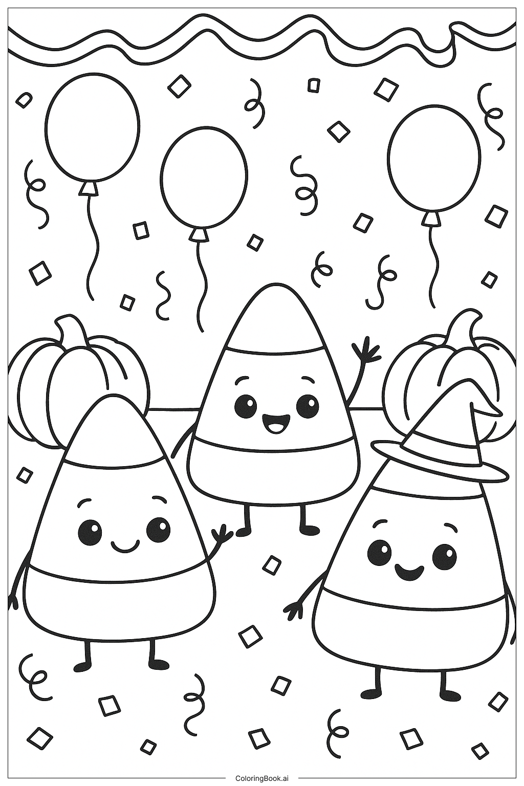  ハロウィンパーティーのキャンディコーンの塗り絵ページ 