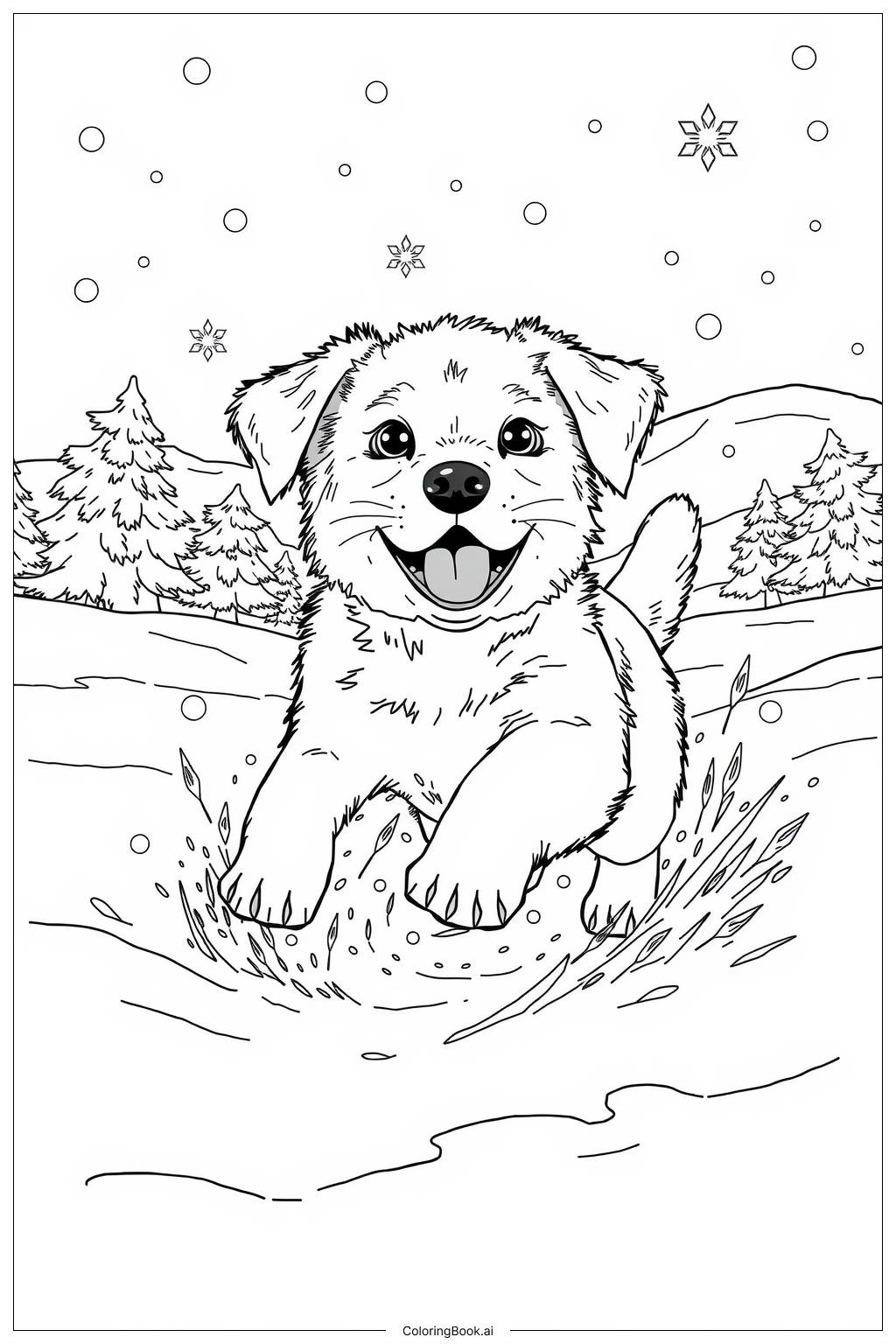  Página para colorir de Cachorrinho Realista Brincando na Neve-2 