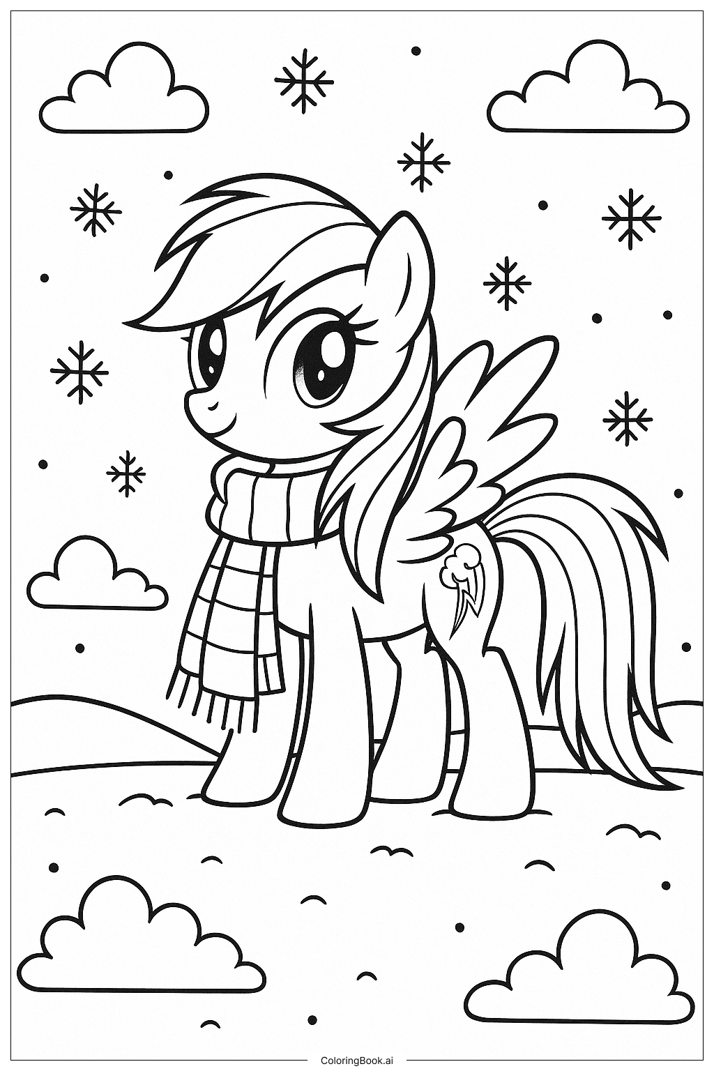  Página para colorear de Rainbow Dash con bufanda en invierno 