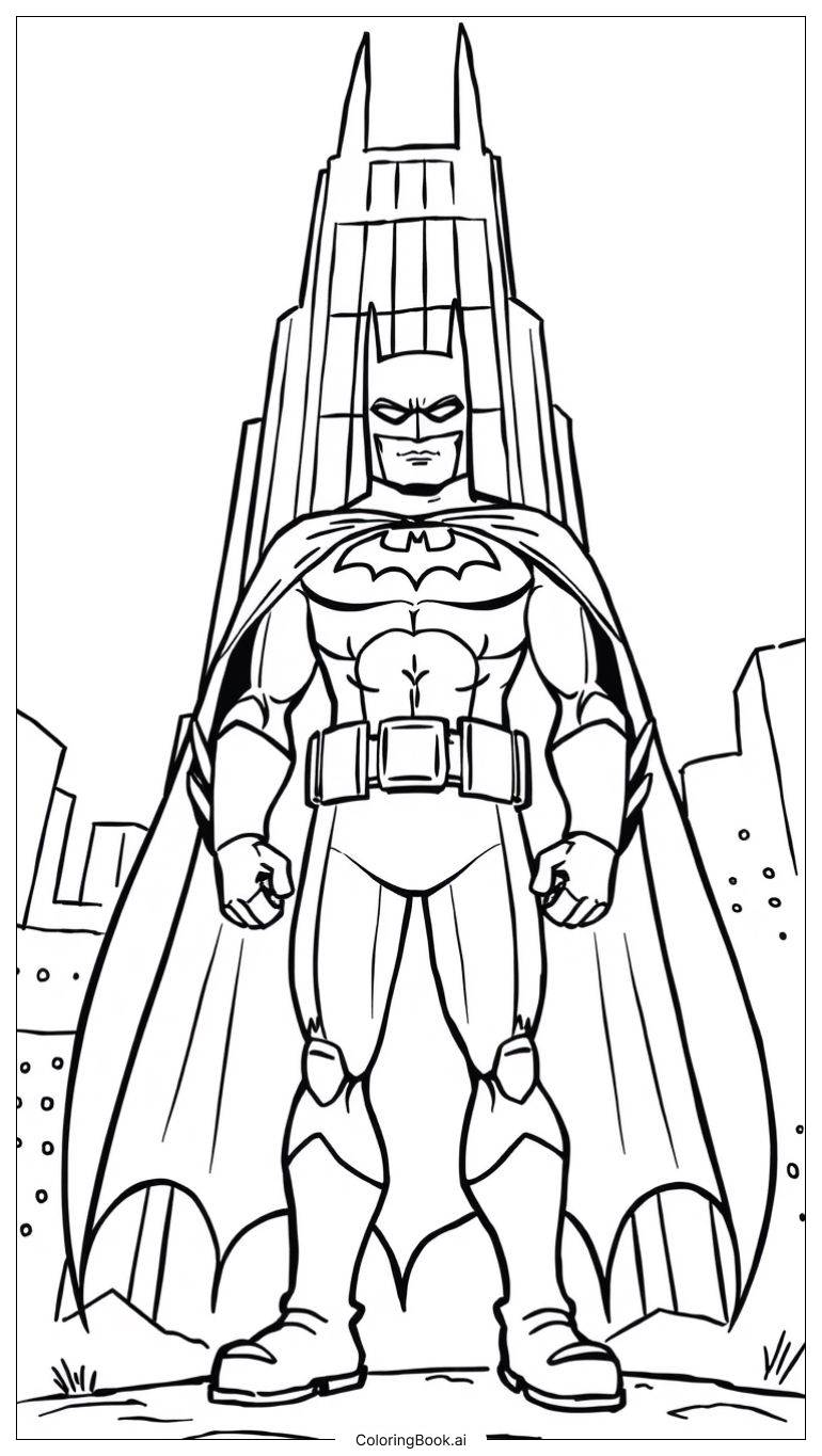  Page de coloriage Batman debout devant un grand bâtiment 