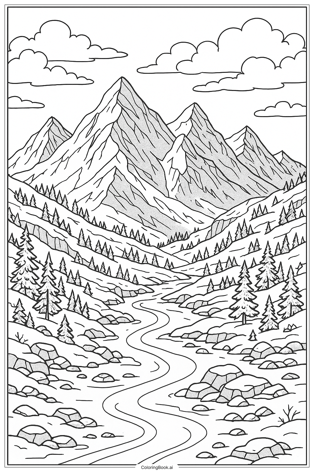  雄大な冬の山脈の塗り絵ページ 