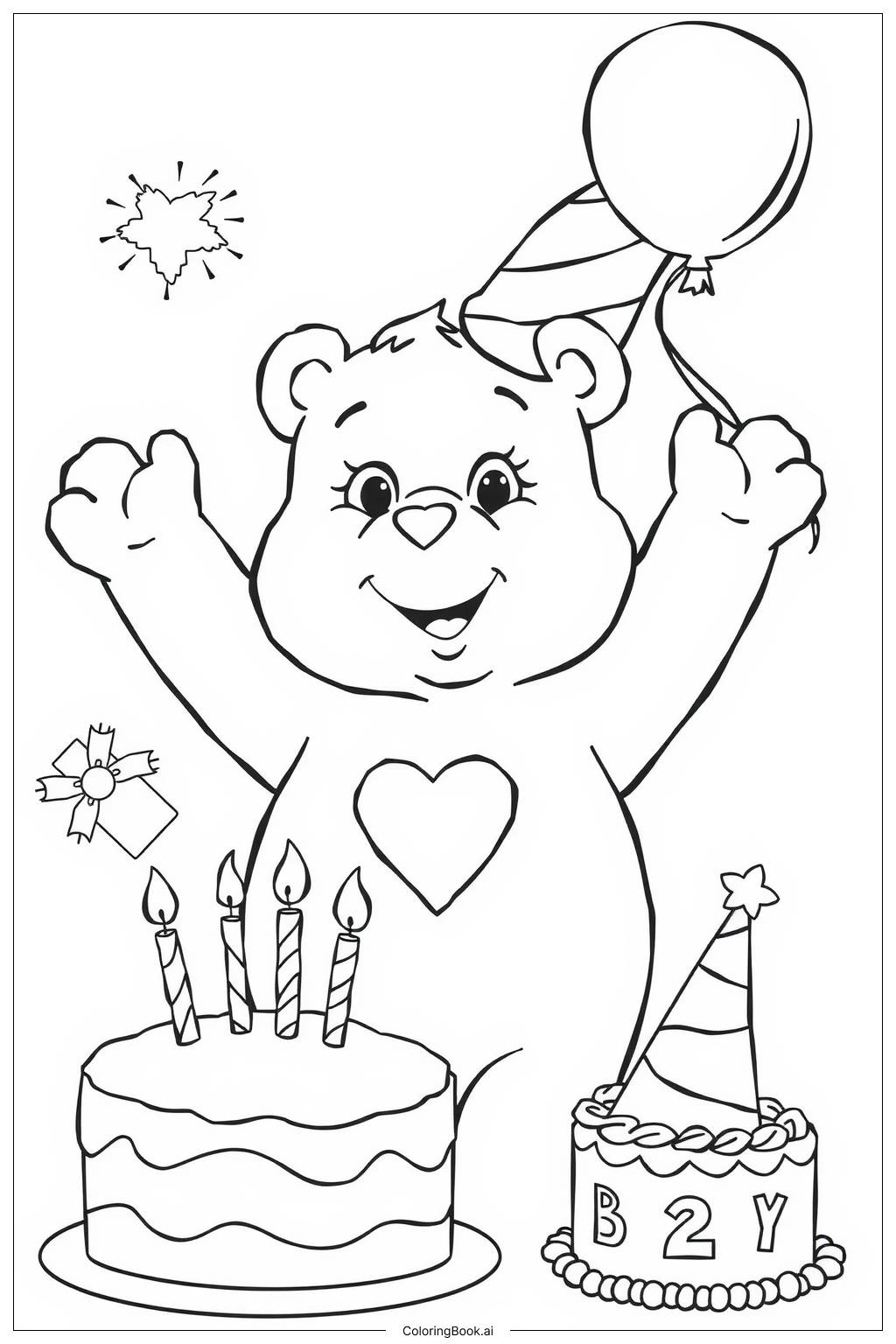  Página para colorear de Care Bear Celebrando una Fiesta de Cumpleaños 