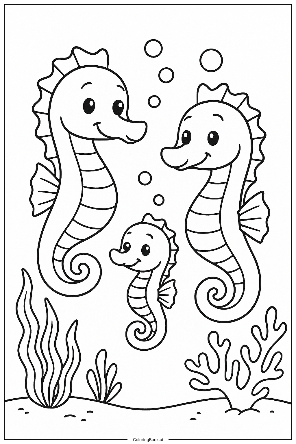 Página para colorear de Una Feliz Familia de Caballitos de Mar