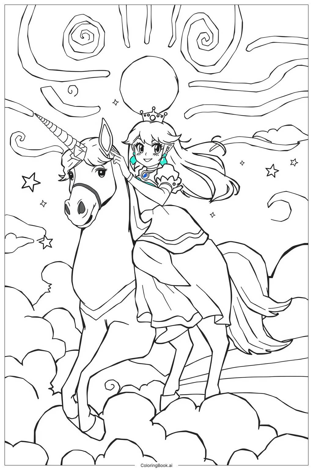  Page de coloriage La Princesse Peach chevauchant une licorne à travers les nuages-2 