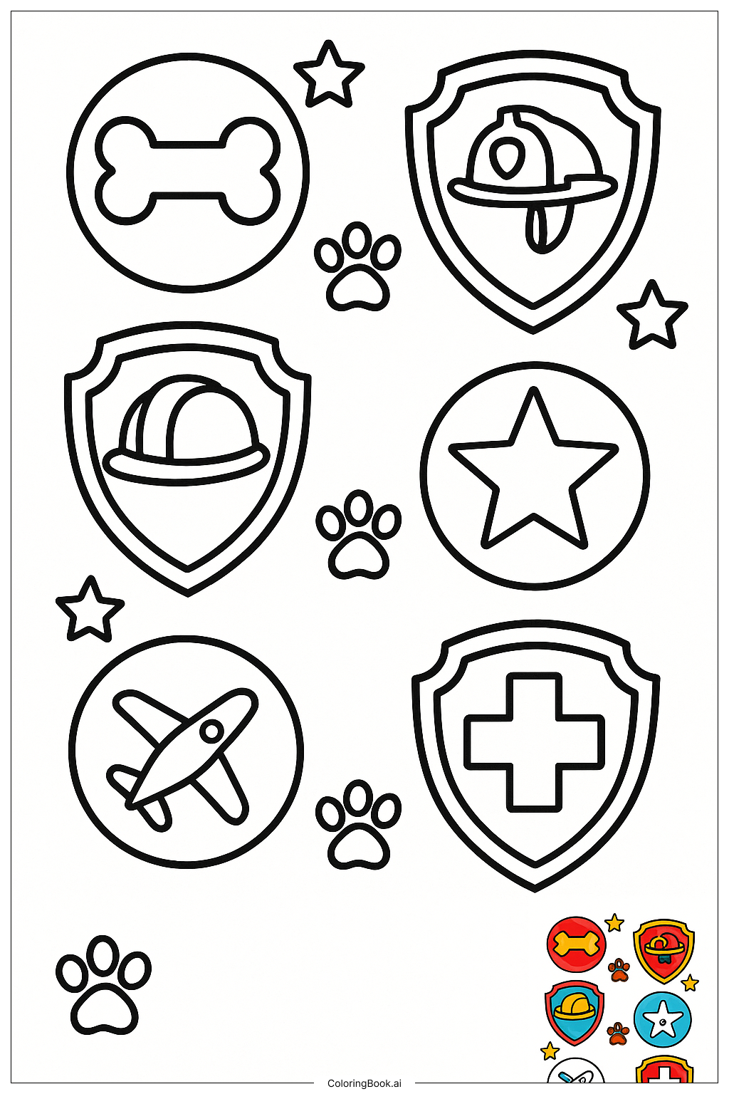  Página para colorir de Coleção de Distintivos do Paw Patrol 