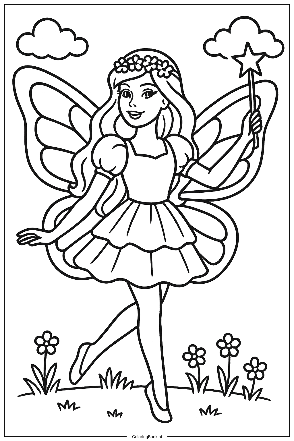  Página para colorir de Barbie Como uma Fada com Asas de Borboleta 