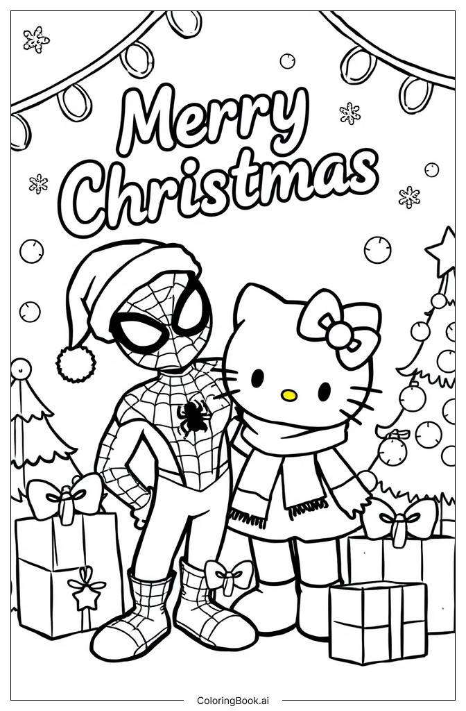  Spider-Man und Hello Kitty verbringen Weihnachten zusammen Ausmalseite 