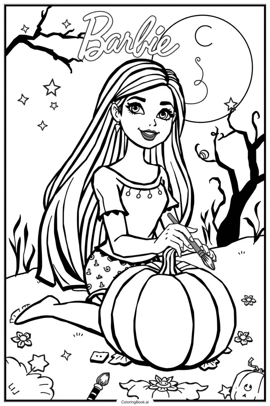  Page de coloriage barbie décoration de citrouille d'Halloween 