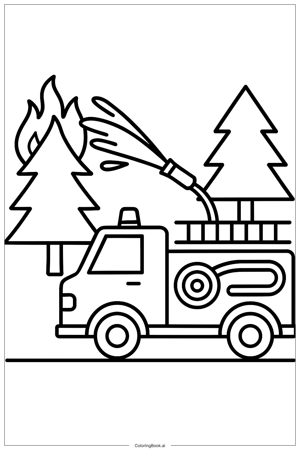  Page de coloriage Camion de pompiers éteignant un feu de forêt 
