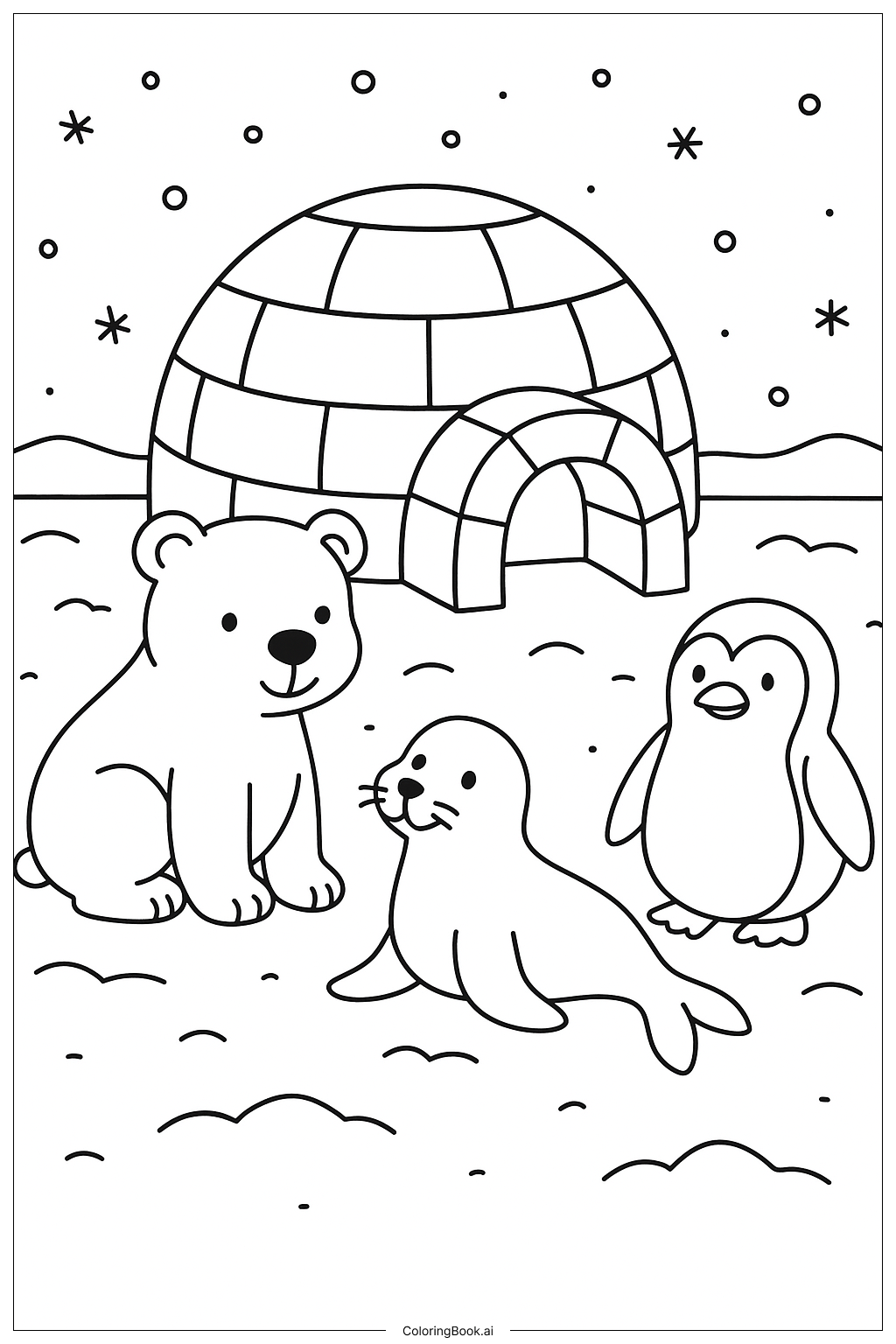 北極動物圍繞在冰屋旁著色頁