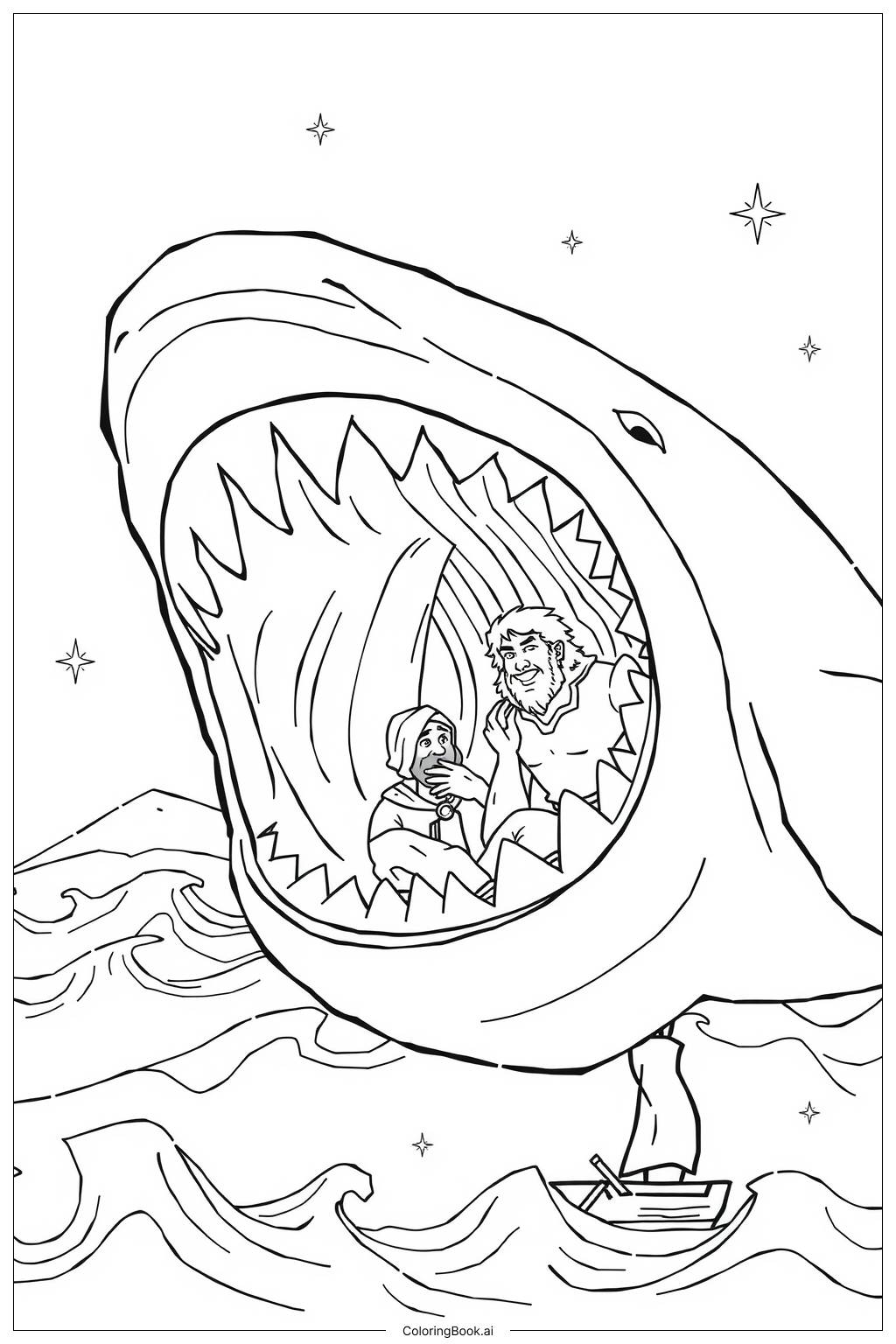  Page de coloriage Jonas et la baleine Scène simple-2 