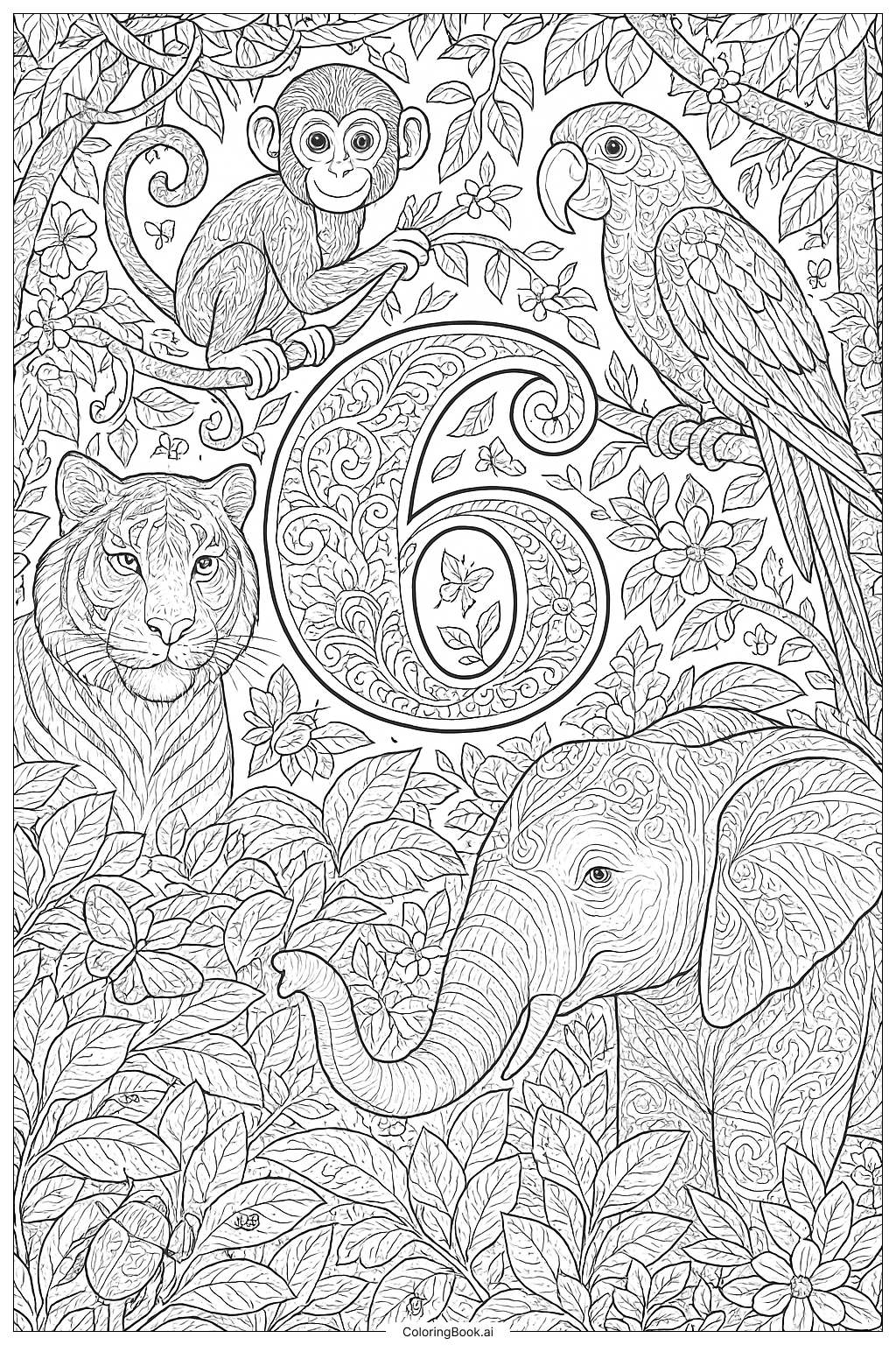  带数字六的丛林动物填色页 