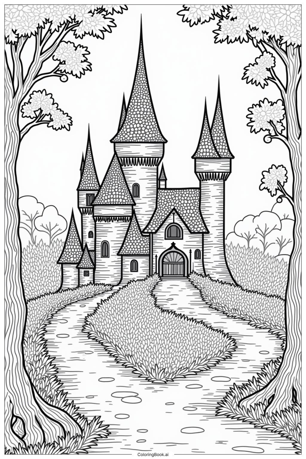  Page de coloriage Château de conte de fées Forêt enchantée 