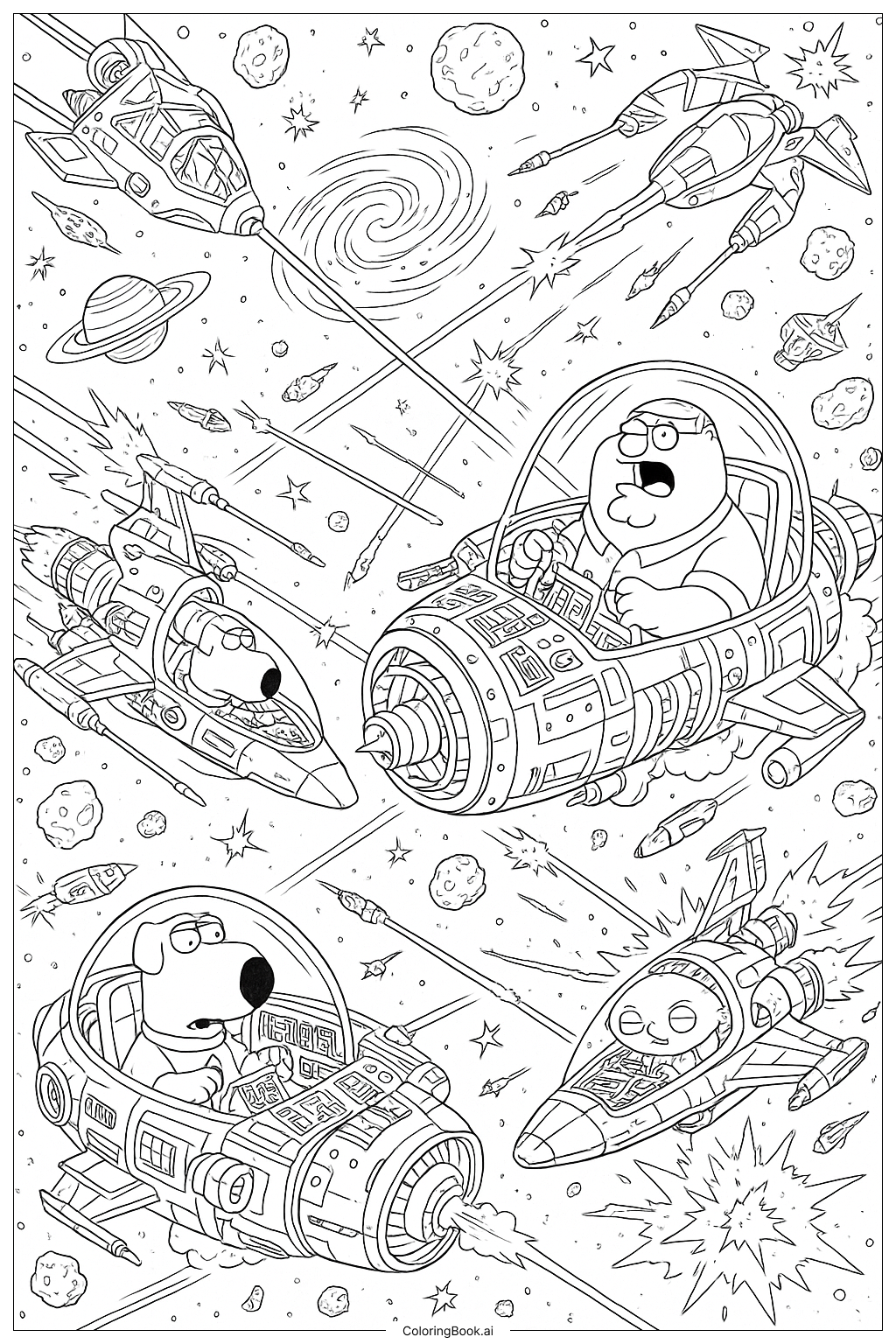 Family Guy in einer komplexen Weltraumschlacht Ausmalseite
