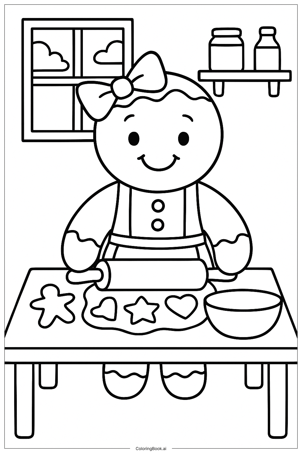  キッチンのジンジャーブレッド・ガールの塗り絵ページ 