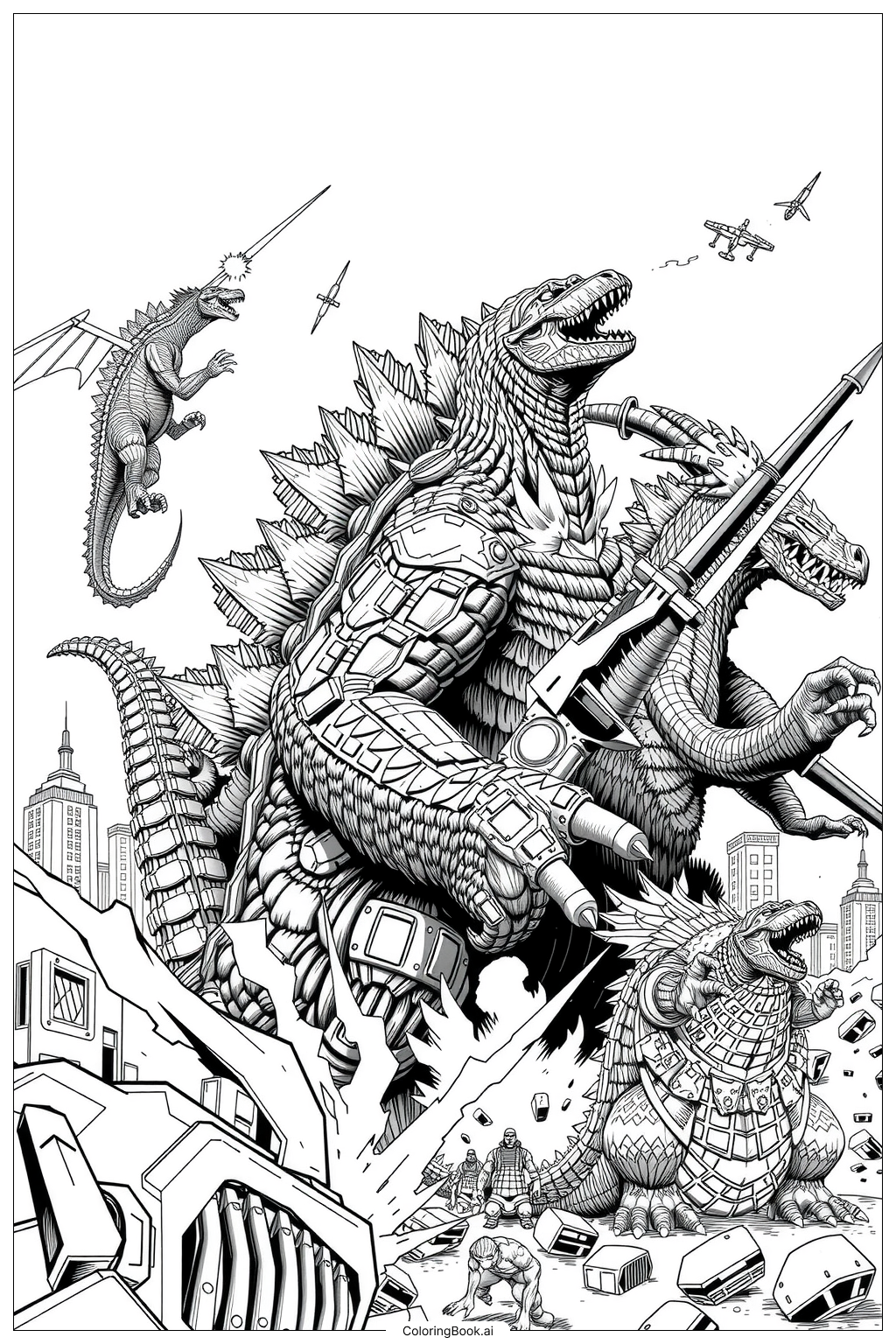 ゴジラ 複数の怪獣戦-2 塗り絵ページ（無料のPDF＆PNGプリント）