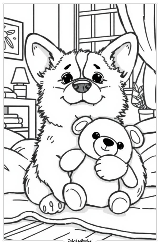  Page de coloriage Bébé Corgi en Peluche 