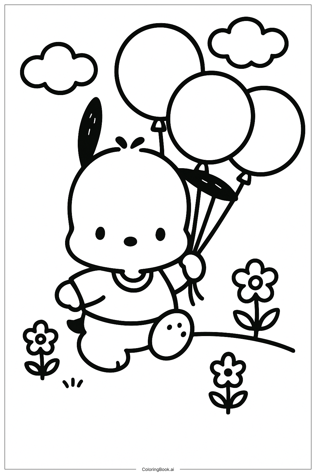 Pochacco 搭著氣球的串聯著色頁